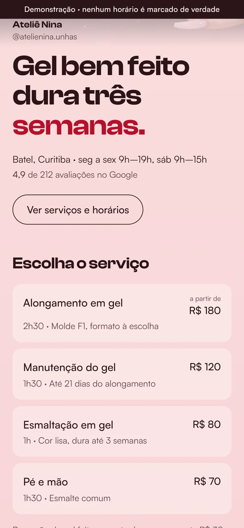 A lista de serviços da página, cada um com o preço e a duração