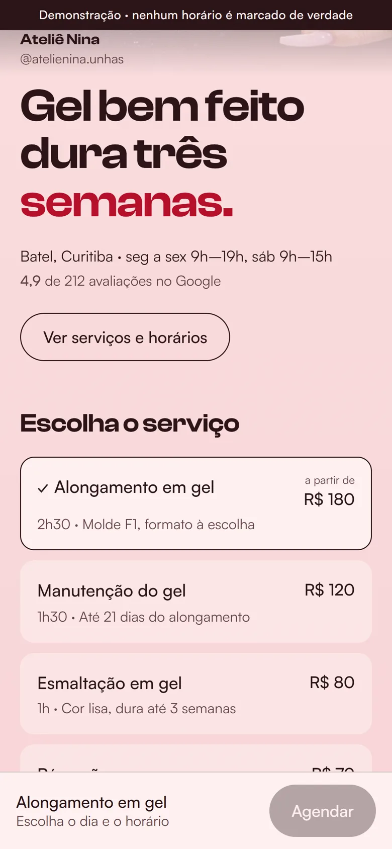 O alongamento em gel marcado na lista, com o nome na barra de baixo