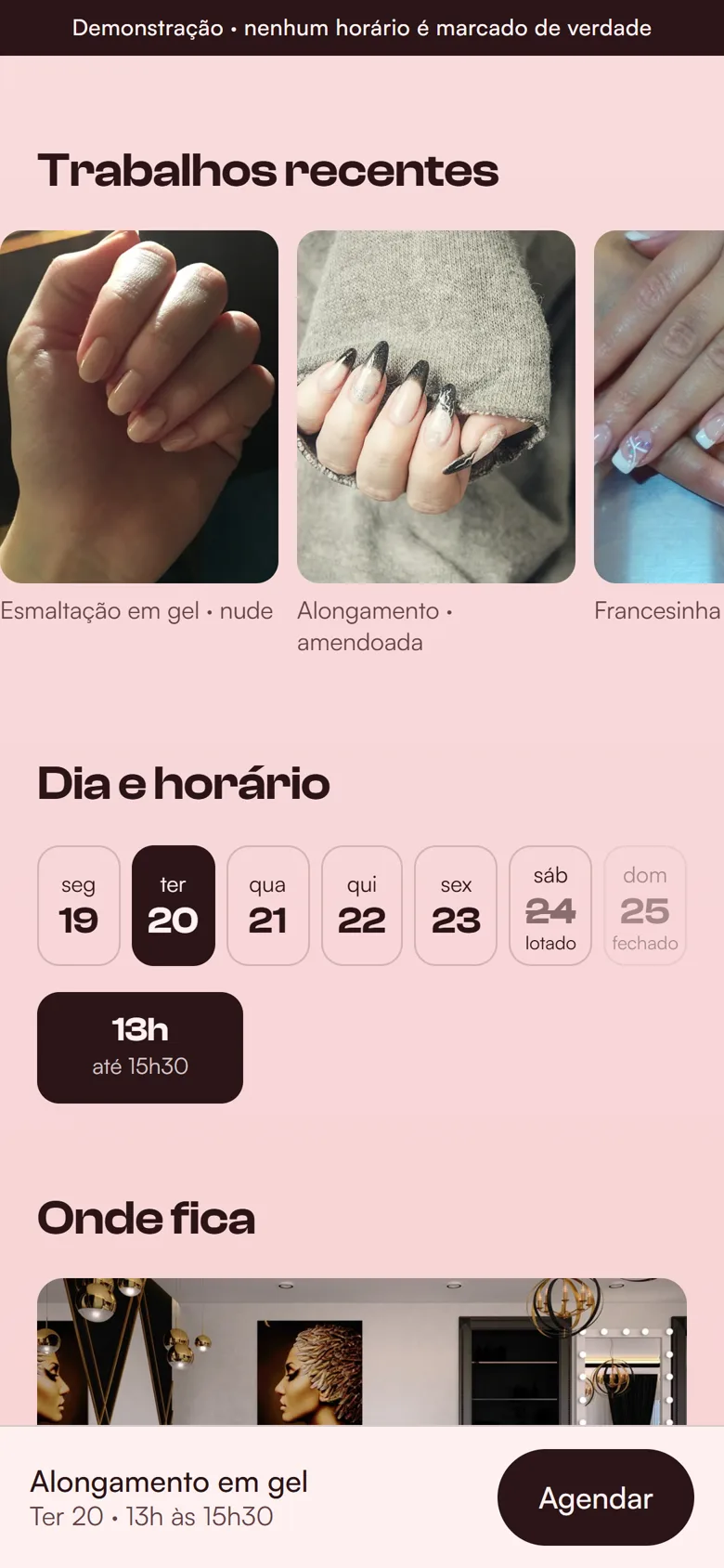 A barra de baixo com o serviço, o dia, o horário e o botão Agendar