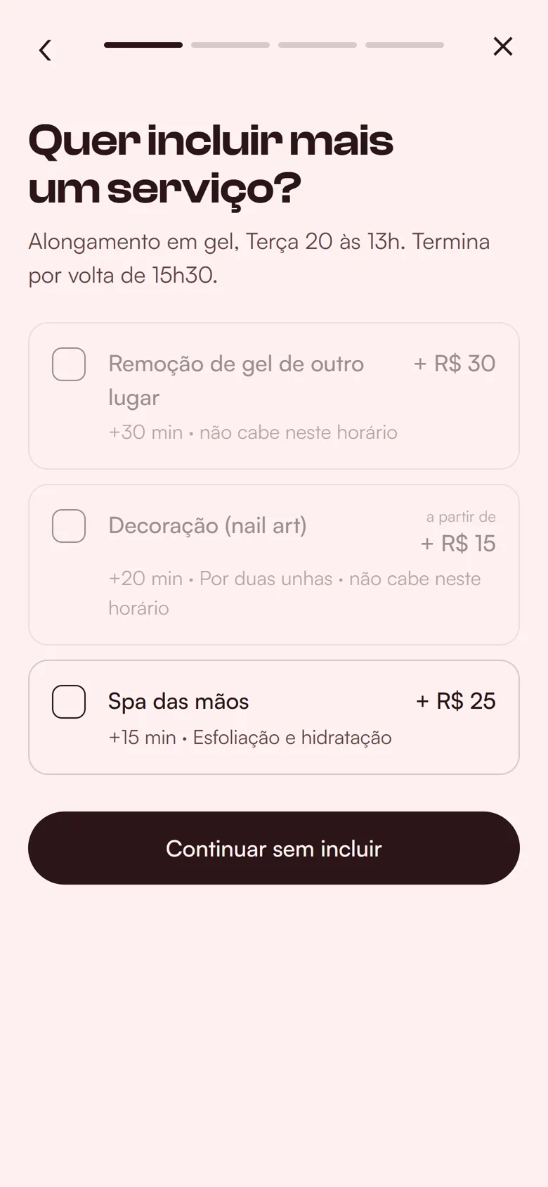 A lista de serviços a mais, com os que não cabem no horário apagados