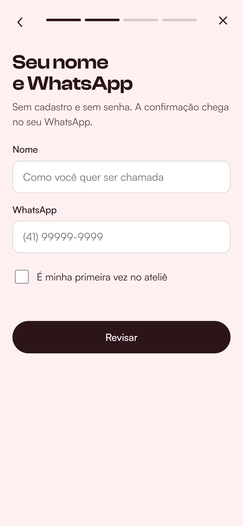 Os campos de nome e WhatsApp da cliente