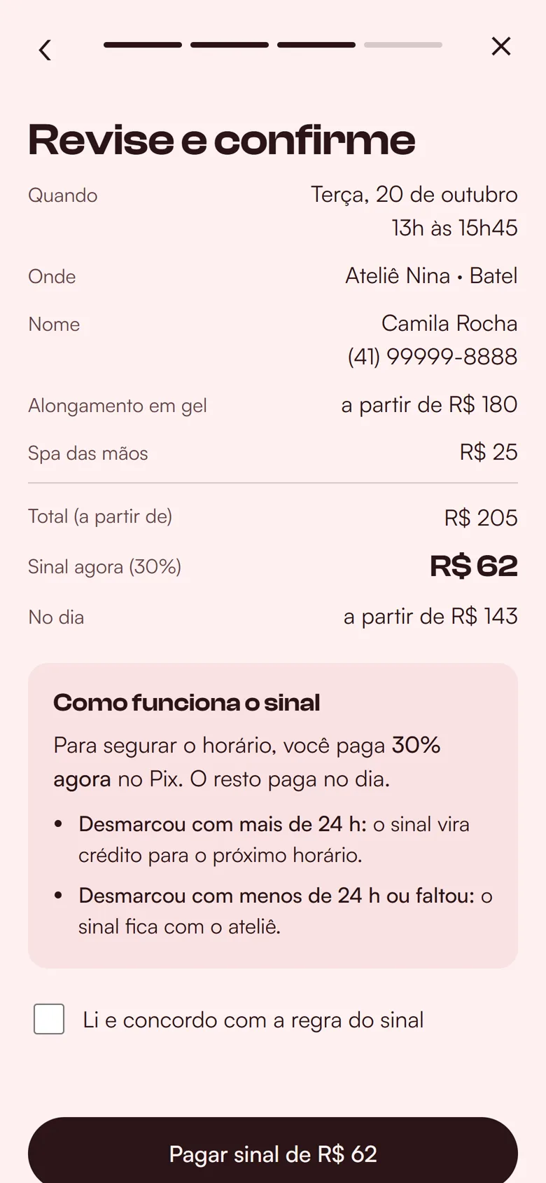 A regra do sinal escrita na tela, com a caixinha de que leu e concorda