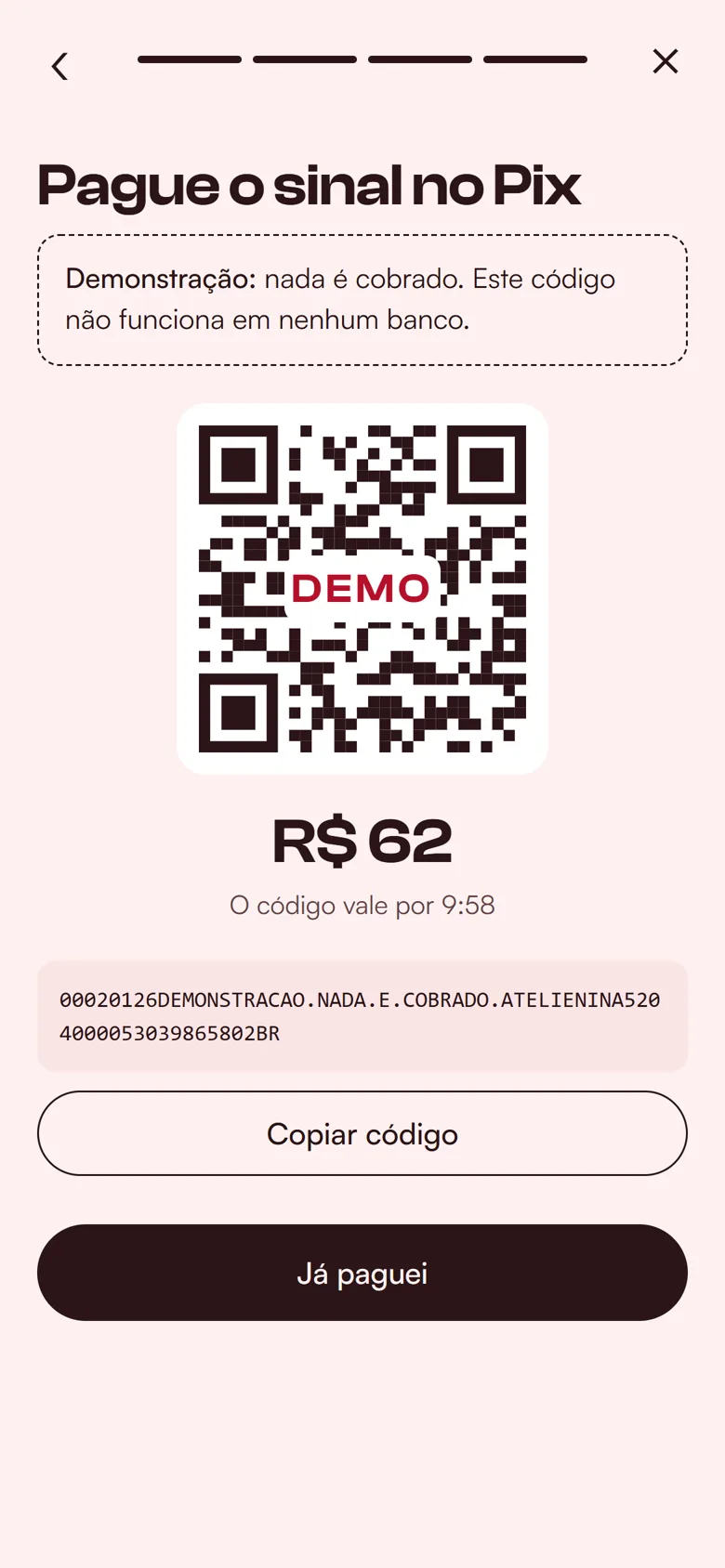 O código do Pix do sinal de R$ 62