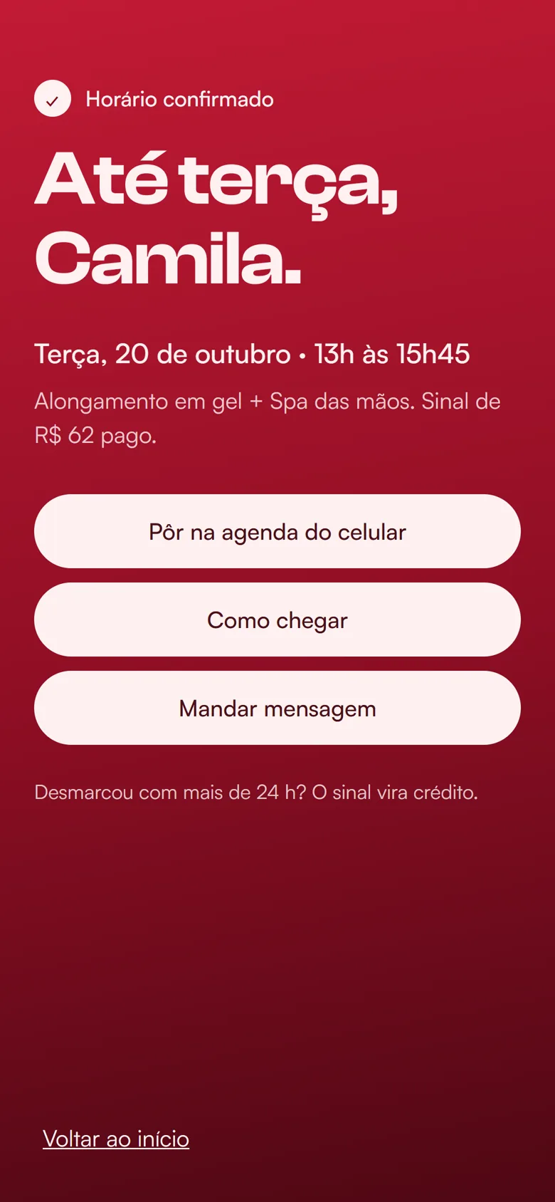 A tela de horário marcado, com os botões de pôr na agenda, ver como chegar e mandar mensagem