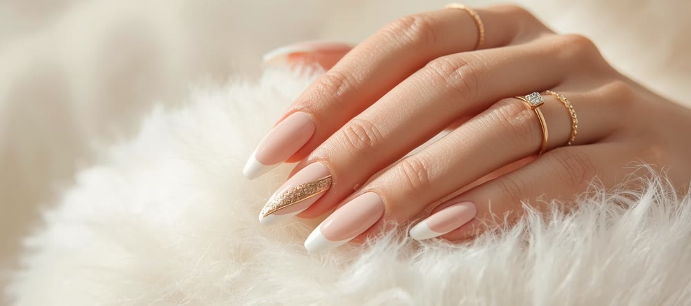 Mão com unhas amendoadas em francesinha nude com filete dourado, sobre pelúcia branca