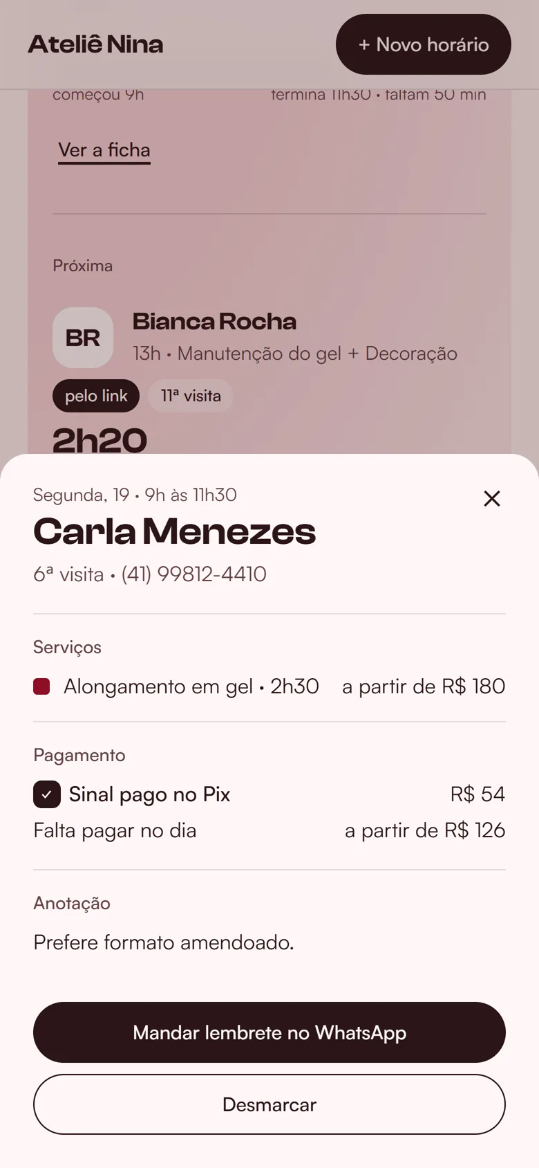 O pagamento do horário e o botão de mandar o lembrete no WhatsApp