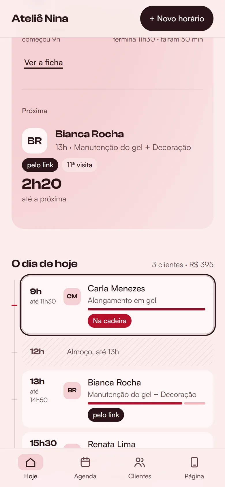 A lista do dia de hoje, com as clientes e o almoço