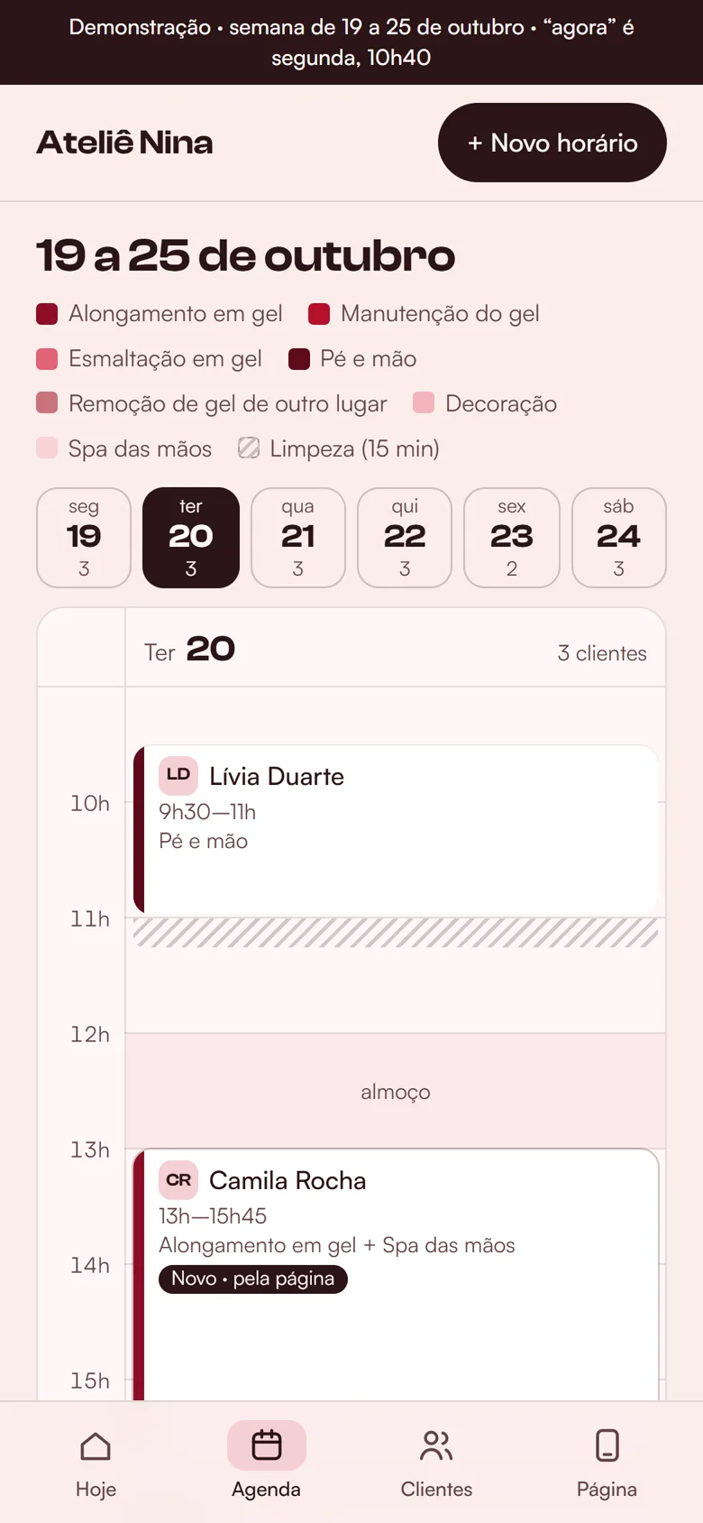 A agenda da semana com o horário novo da Camila na terça