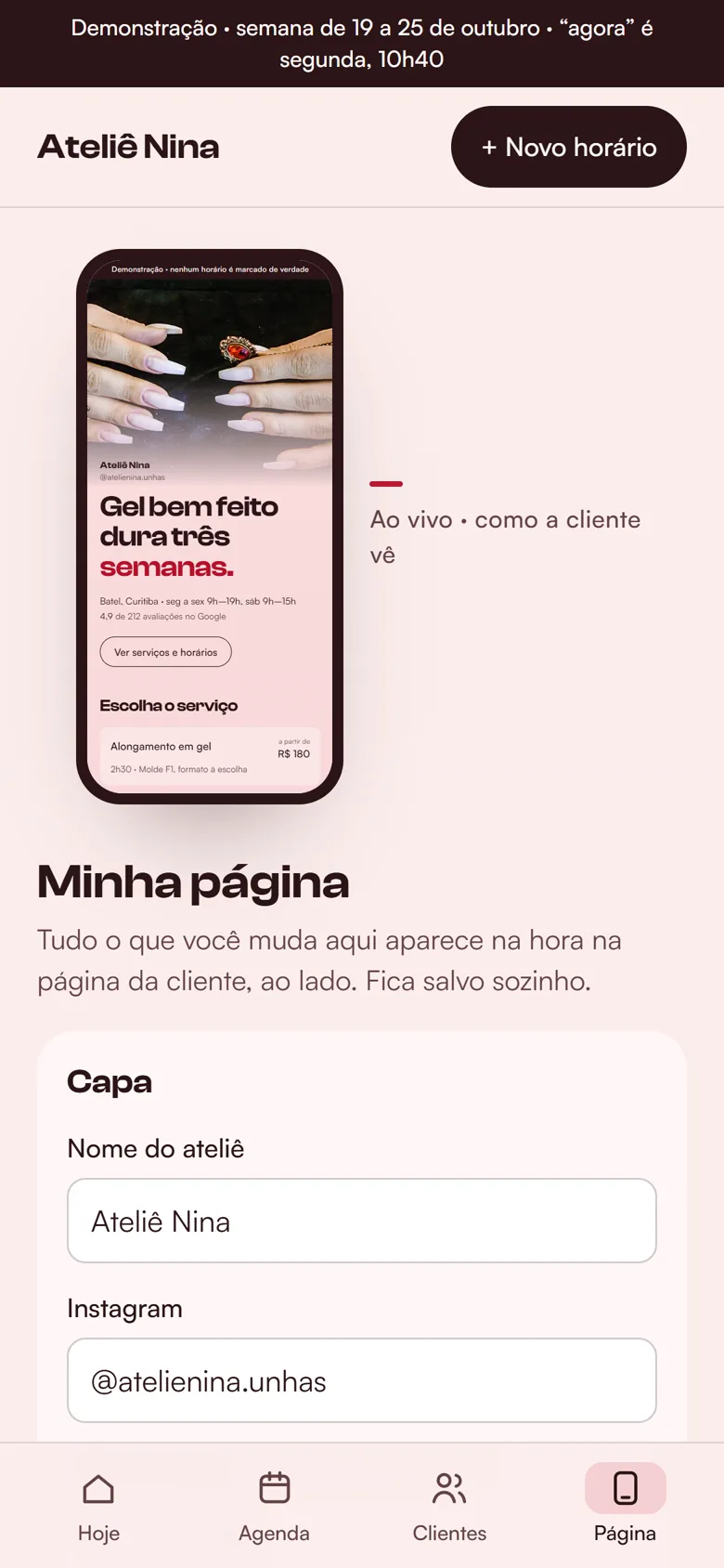A aba Minha página, com a prévia da página da cliente