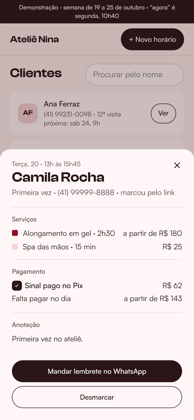 A ficha da Camila com os serviços e o pagamento