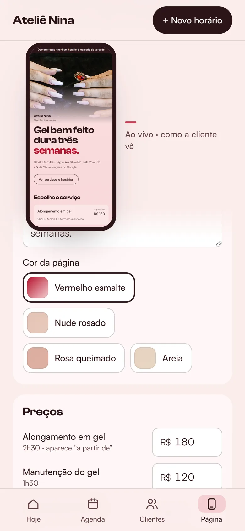 As opções de cor da página