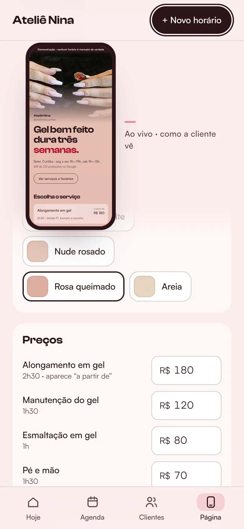 A prévia da página com a cor nova