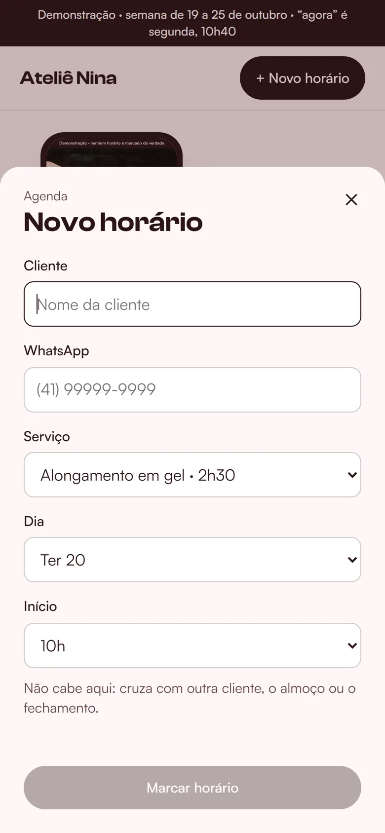 O formulário para a dona marcar um horário com o aviso de conflito