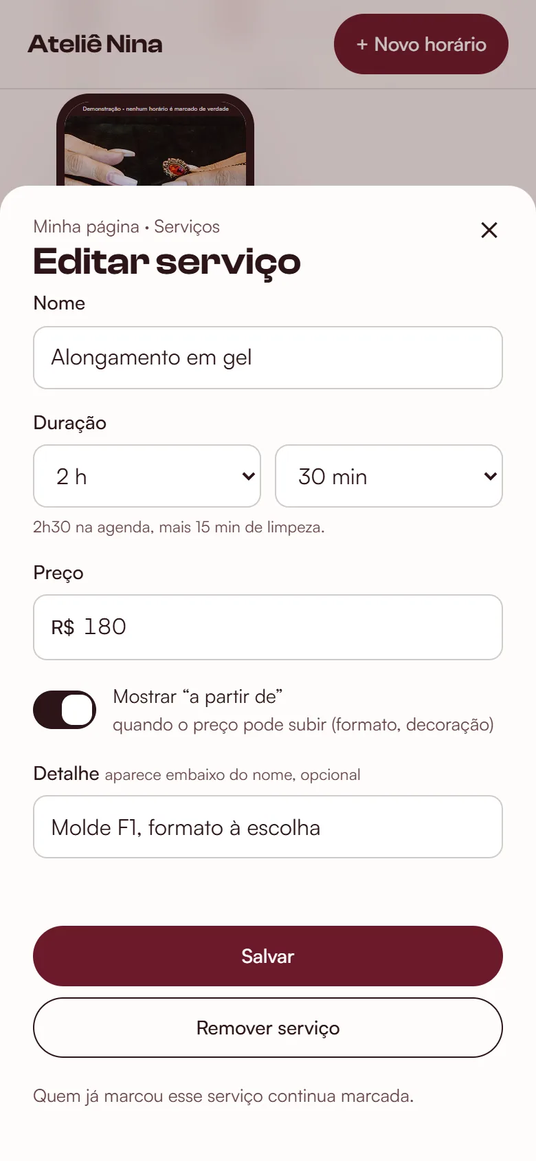 O editor de um serviço, com o nome, a duração e o preço